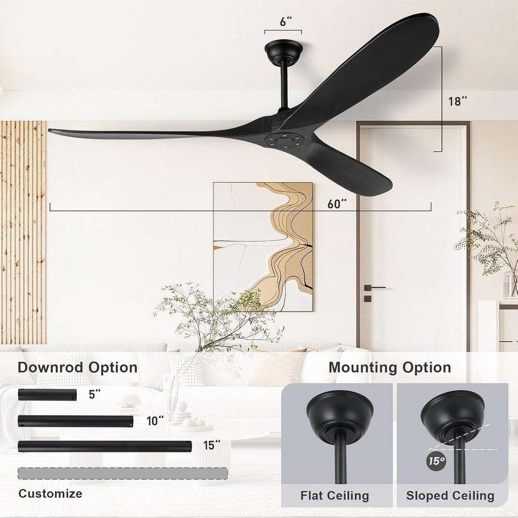 60 Inch Black Ceiling Fan No Light，Indoor Outdoor 3 Blade Wood Ceiling Fans Without Lights for Patios Bedroom Living