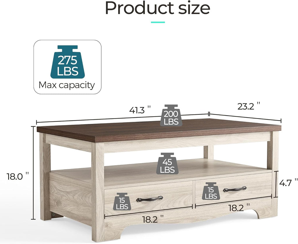 Farmhouse Coffee Table with Storage, Wood Coffee Table, Open Display Area and Storage Drawers with Metal Handles