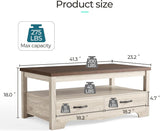 Farmhouse Coffee Table with Storage, Wood Coffee Table, Open Display Area and Storage Drawers with Metal Handles