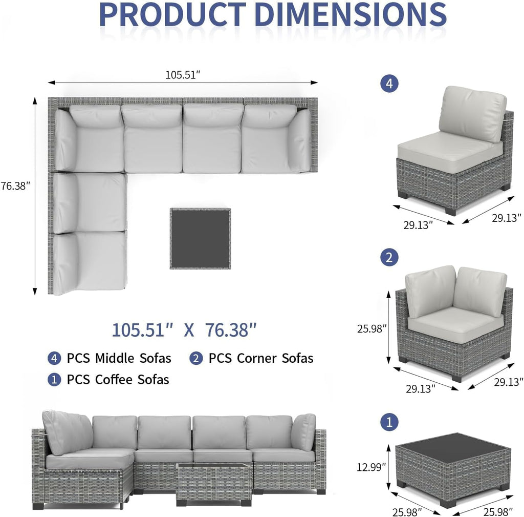 Patio Furniture Set, 7-Piece Outdoor Couches , Wicker Sectional Sofa with Coffee Table & Cushions