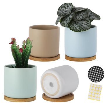 4 Inch Planters with Drainage Hole and Saucer, Small Ceramic Cylinder Plant Pot with Trays for Succulent, Aloe