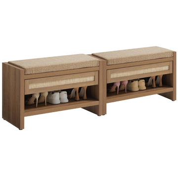 Rattan Shoe Bench Entryway Bench with Storage Drawer, Linen Cushion