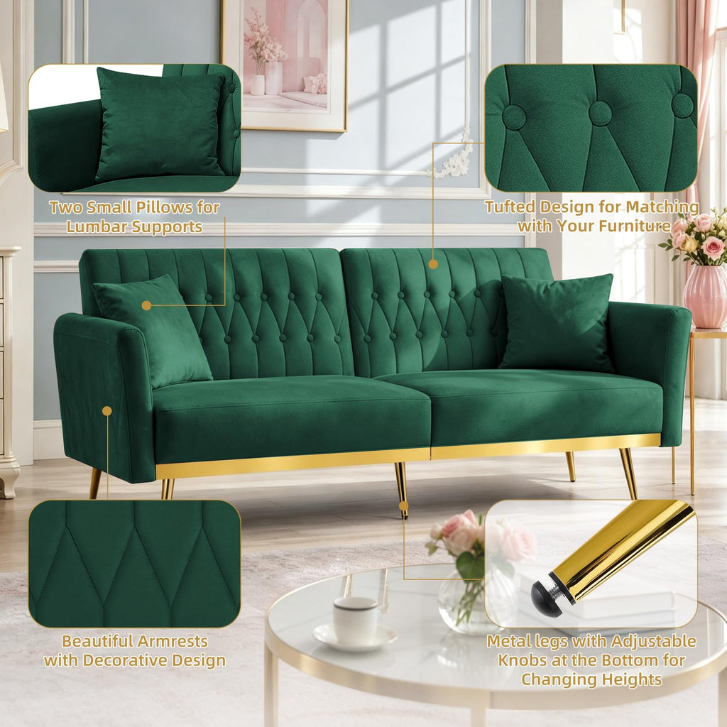 70" Futon Sofa Bed w/Adjustable Armrests, Green