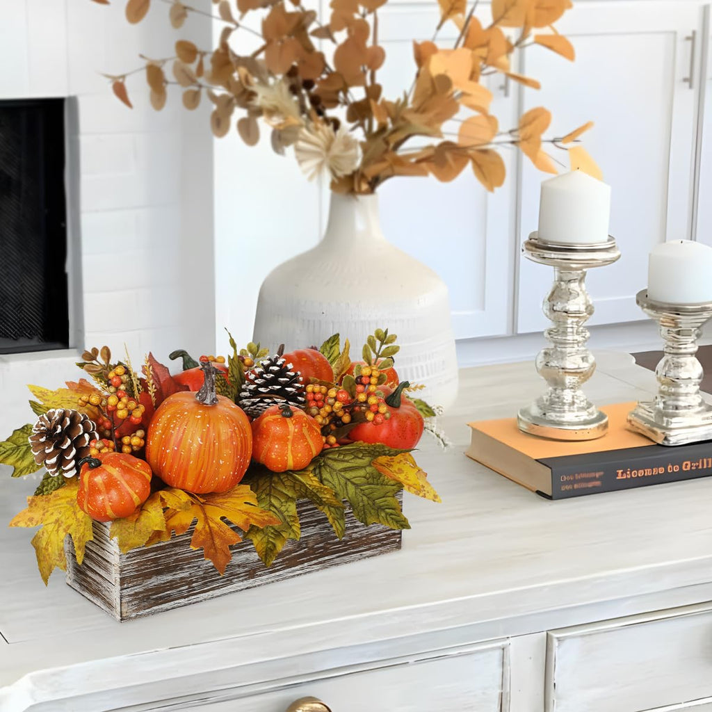Artificial Pumpkins Fall Centerpiece for Table In Rustic Wooden Box Vase