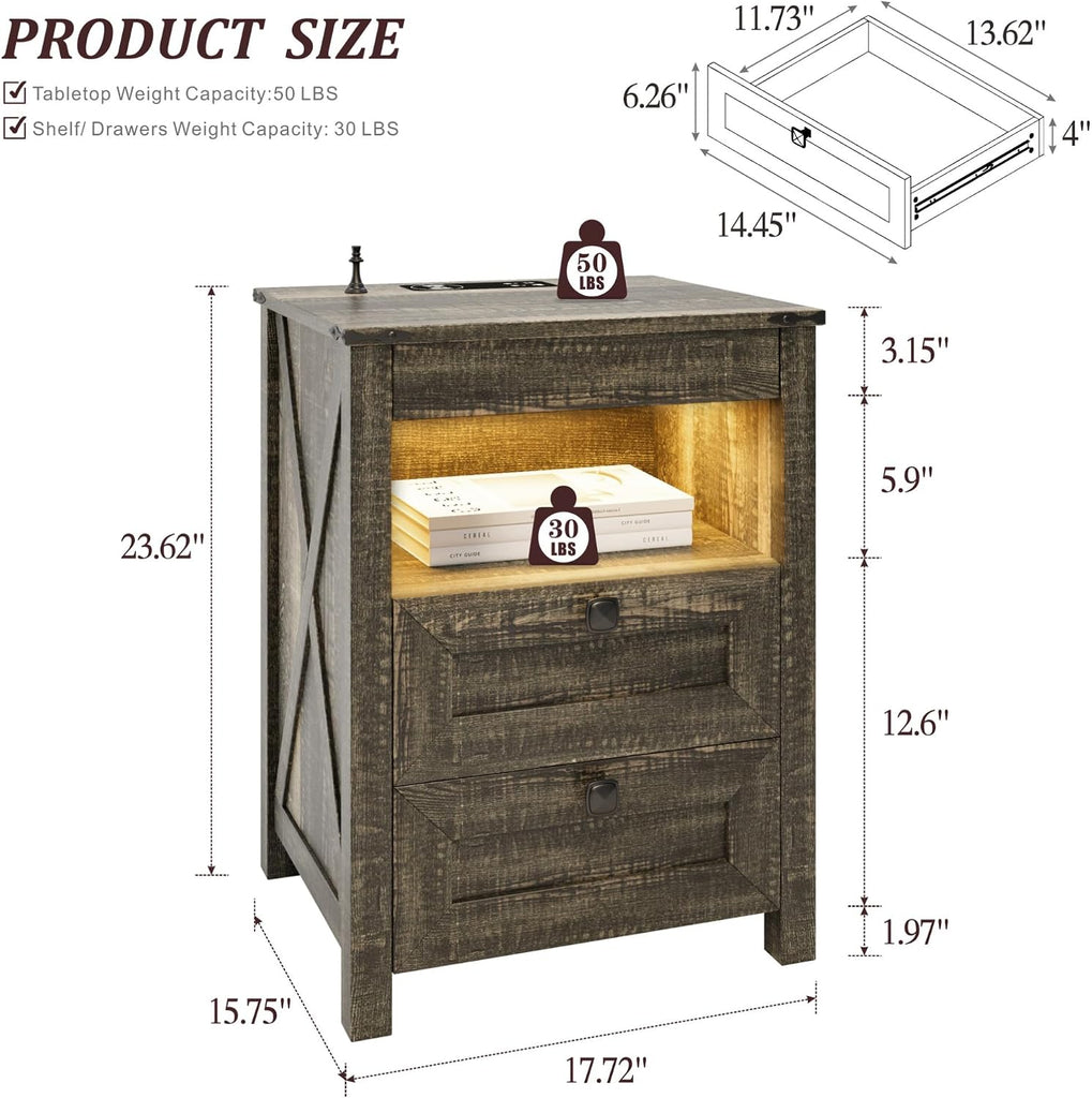 Nightstands Set of 2 with Gun Drawer, Farmhouse Bedside Table with Charging Station, Gun Night Stand with LED Light &