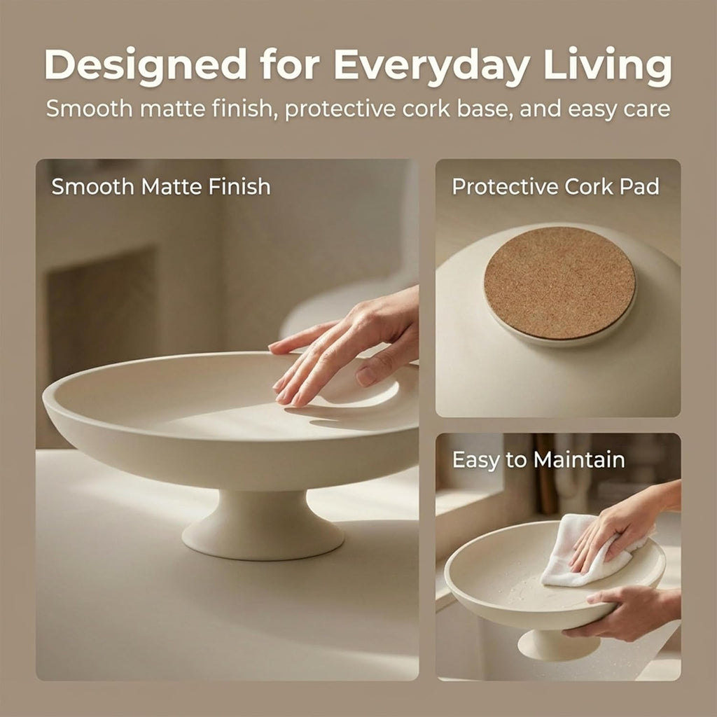 Cream Concrete Decorative Fruit Bowl, 11.45" Large Modern Pedestal Bowl Counter, Coffee Table, Entryway Table