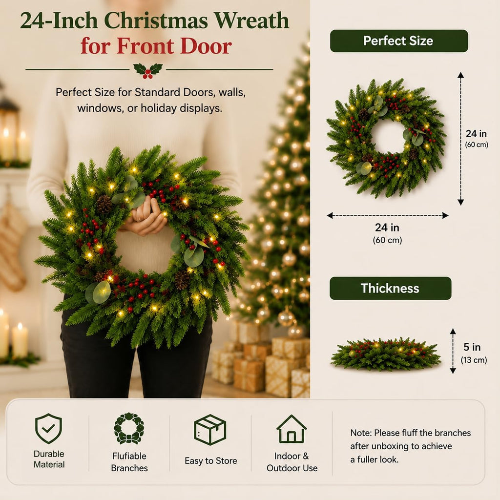24 Inch Christmas Wreath for Front Door Artificial Wreath with Lights Red | Pinecones, Red Berries, Eucalyptus &
