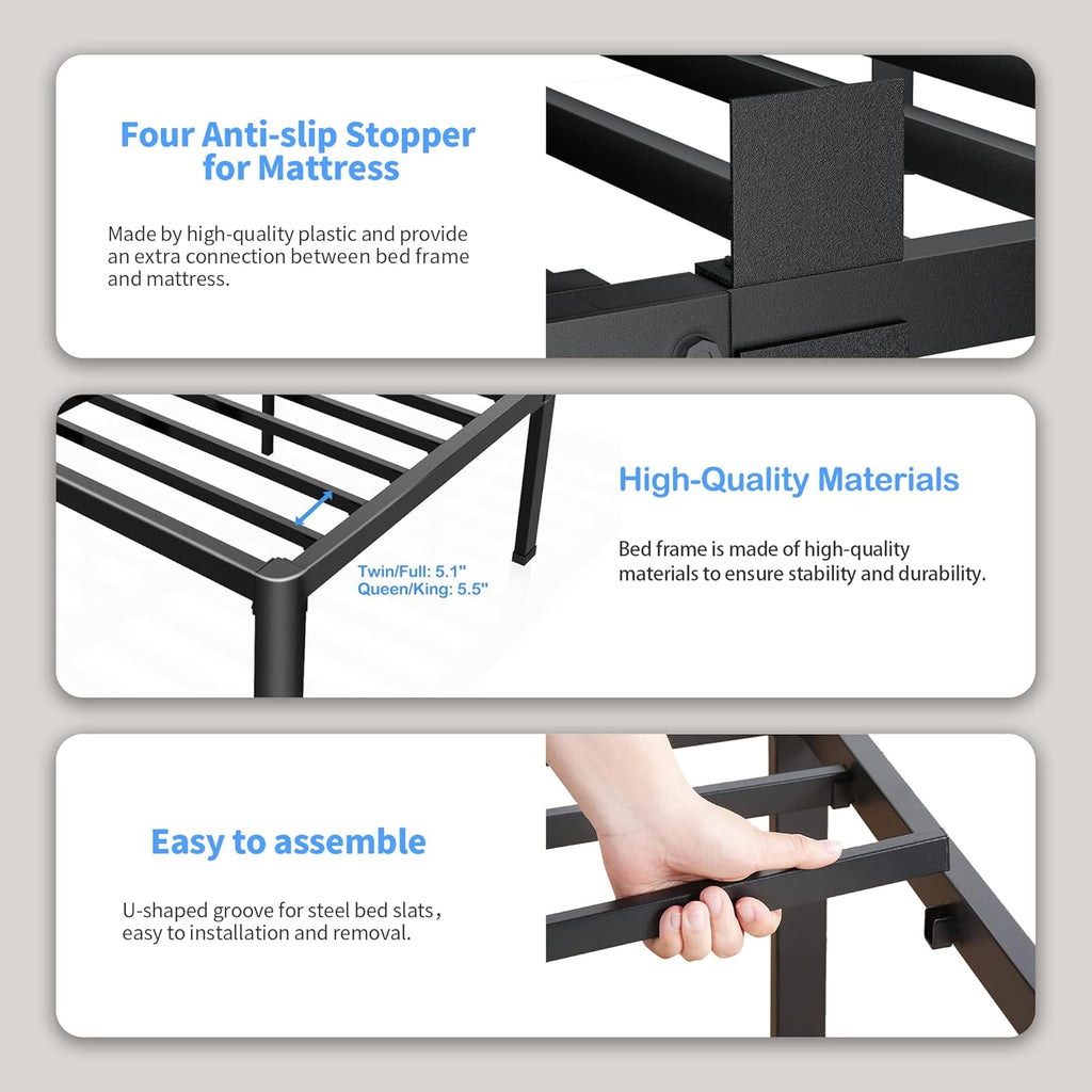18 Inch Queen Bed Frame with Rounded Corner and Headboard Hole Mattress Retainers 3500LBS Metal Heavy Duty Steel Slats