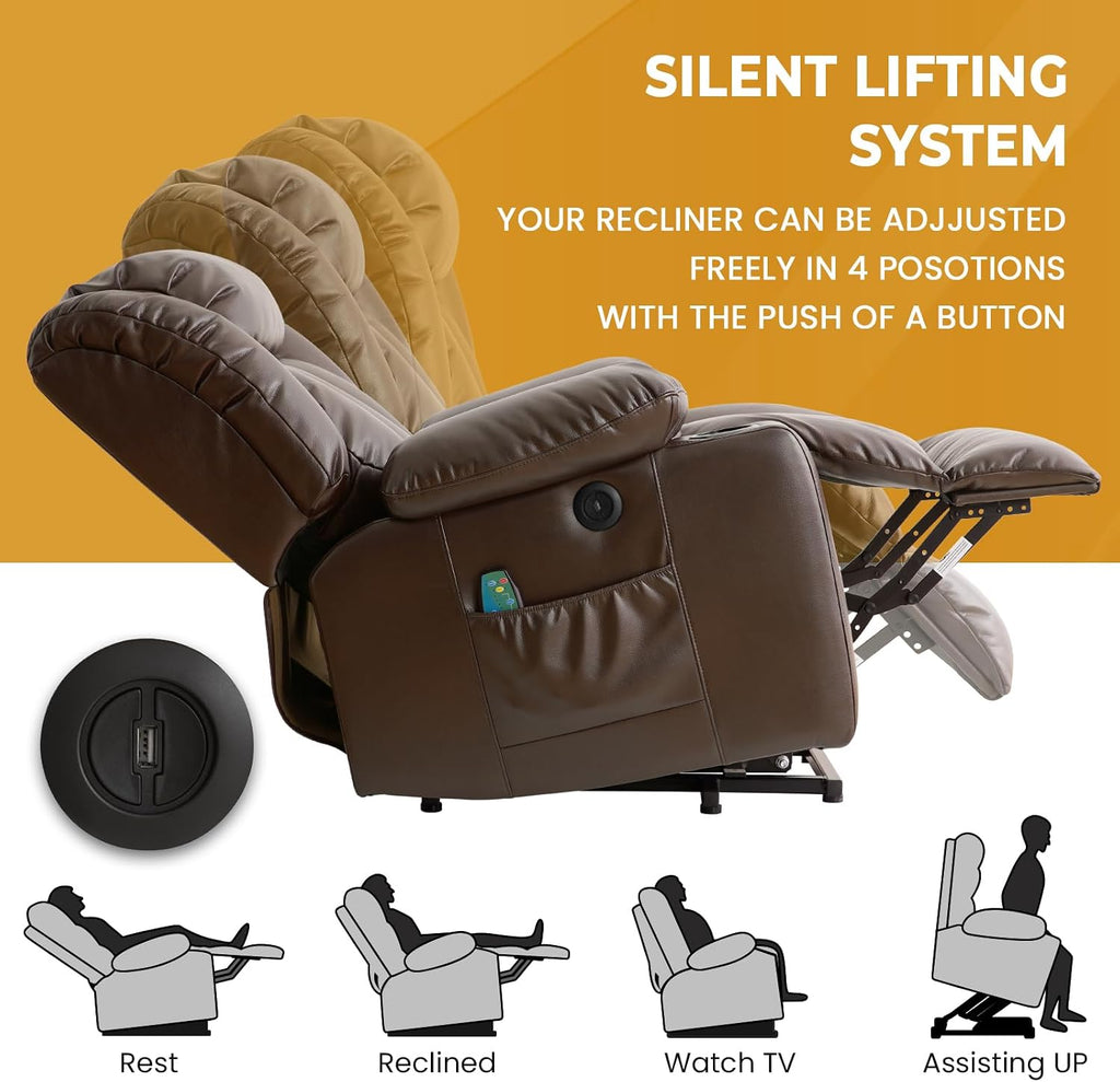 Power Lift Recliner Chair for Elderly & Seniors, Breathable Leather Electric Recliner with Vibration Massage & Lumbar