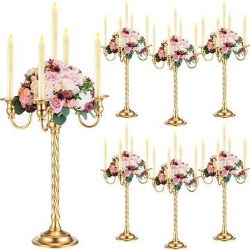6 Pack Wedding Gold Candelabra Table Centerpieces 21 Inch Tall Candelabra Metal Candle Holder 5 Arm Taper Candlestick