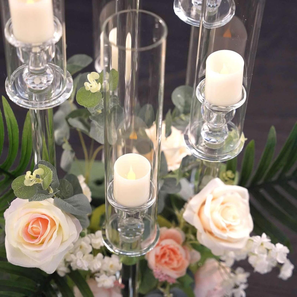 33" Tall - 7 Arms Clear Crystal Cluster Round Candelabra, Pillar Candle Holders with Mirror Base - Perfect