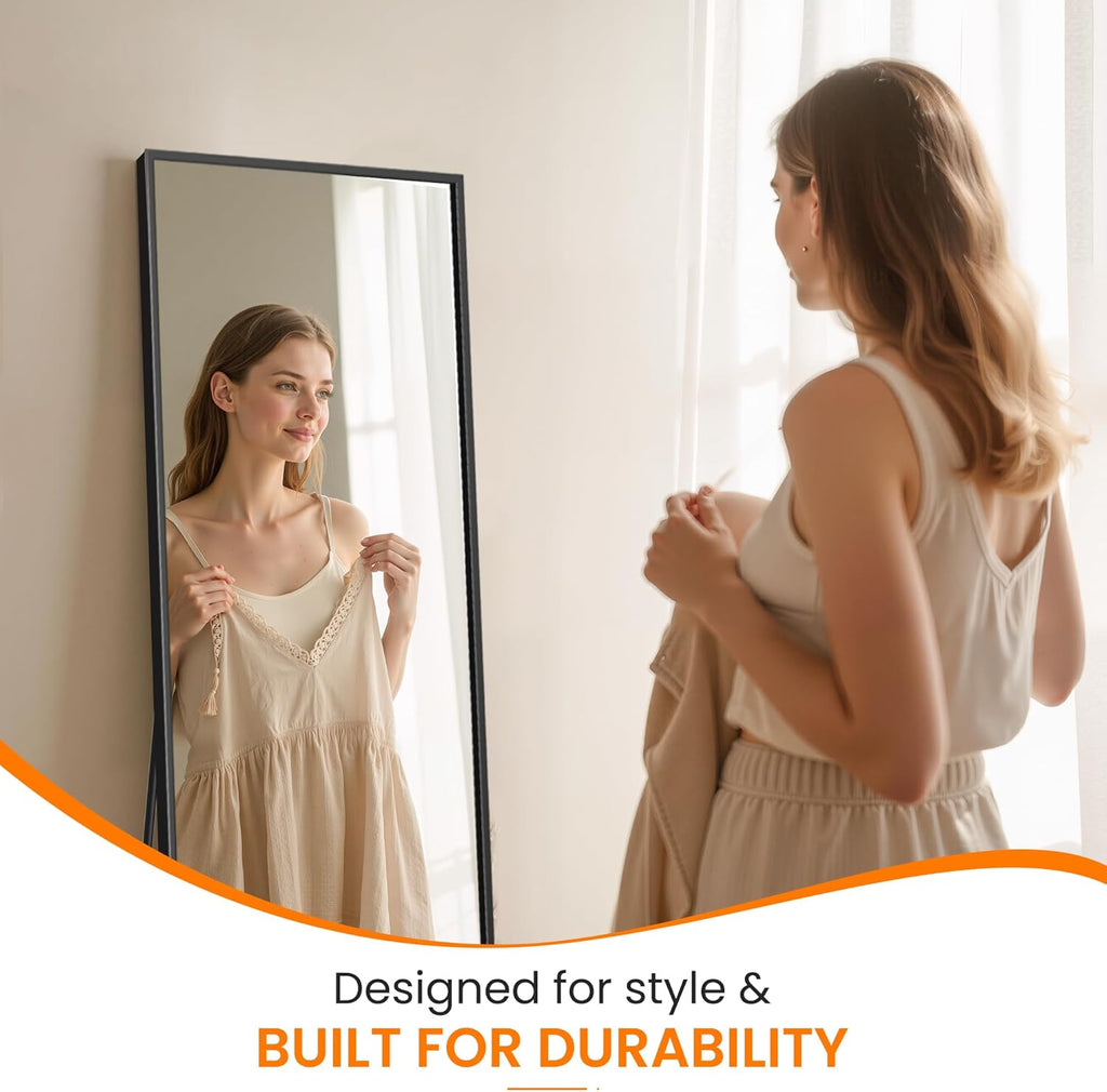 Full Length Floor Mirror 56"x15", Standing Mirror with Aluminum Frame, Large Body Mirror , Black