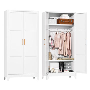 Metal Wardrobe Closet, 72" H Bedroom Armoires with Wooden Handle, Storage Cabinet with Adjustable Shelves and Hanging
