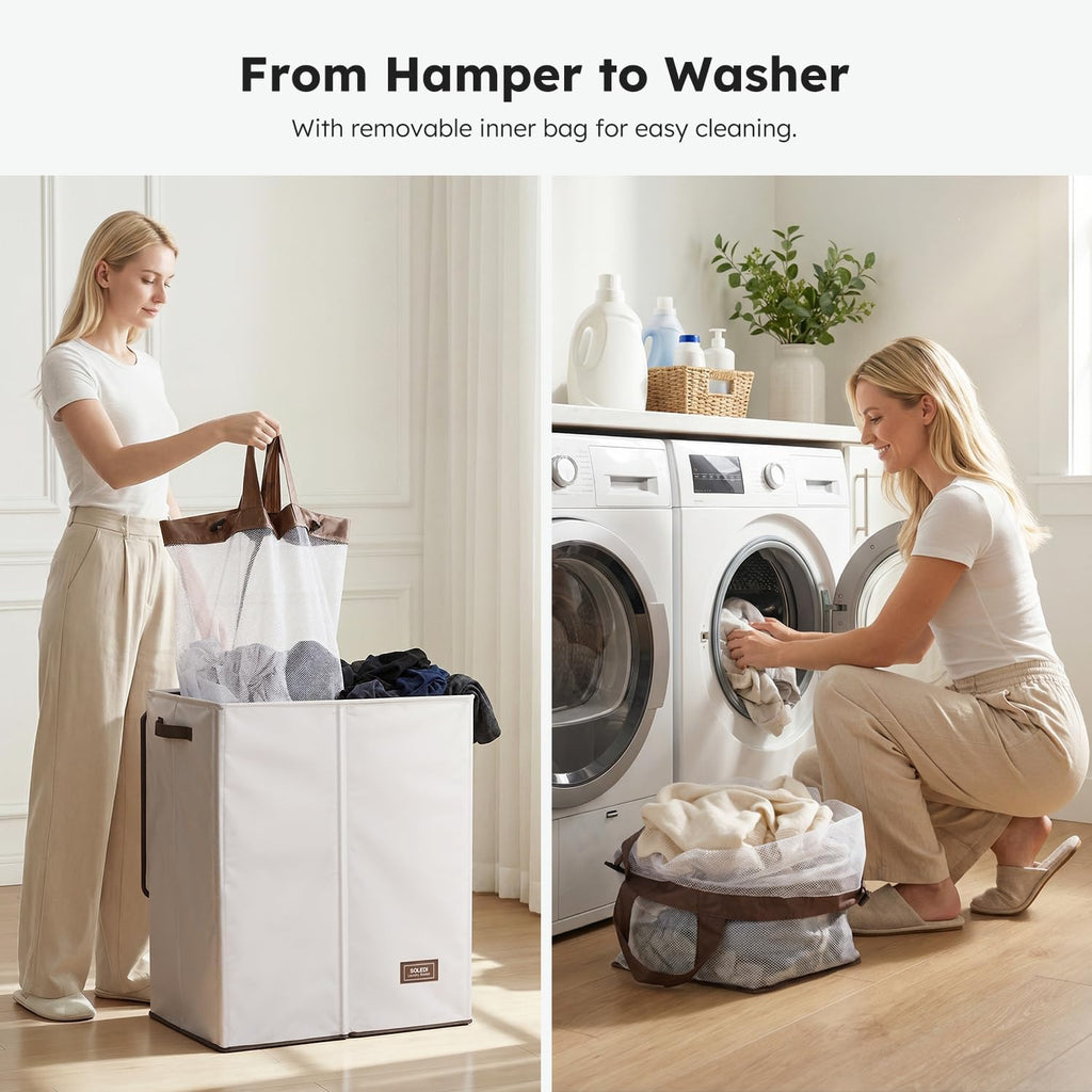 Luxury Double Laundry Hamper with Lid and Removable Bags, 38.3 Gal Large Laundry Bin, Laundry Basket 2 Sections