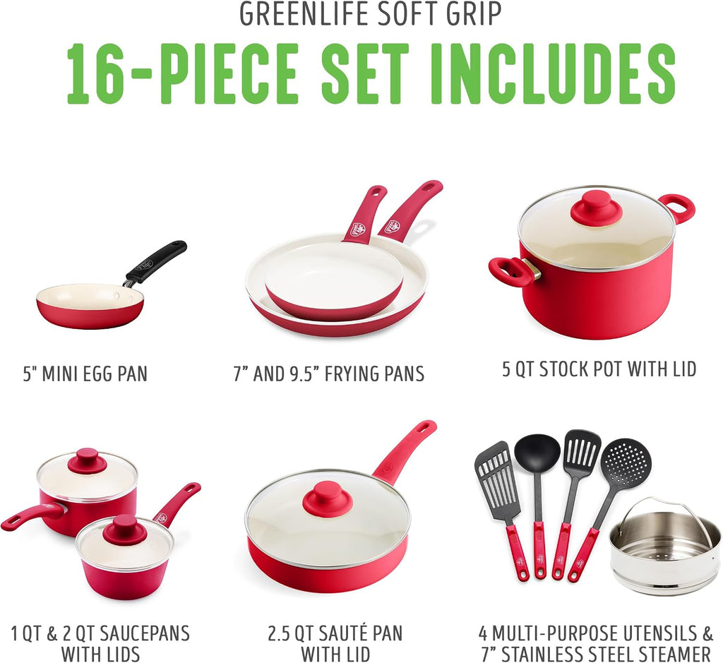 16 Piece Nonstick Cookware Set, Soft Grip Non-Toxic PFAS-Free Ceramic Pots & Pans, Dishwasher & Oven Safe, Frying