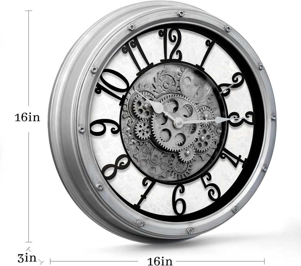 Wall Clock with Moving Gears, Vintage Industrial 16-Inch Silent Non-Ticking Steampunk Timepiece, Retro Frame Analog Battery Operated...