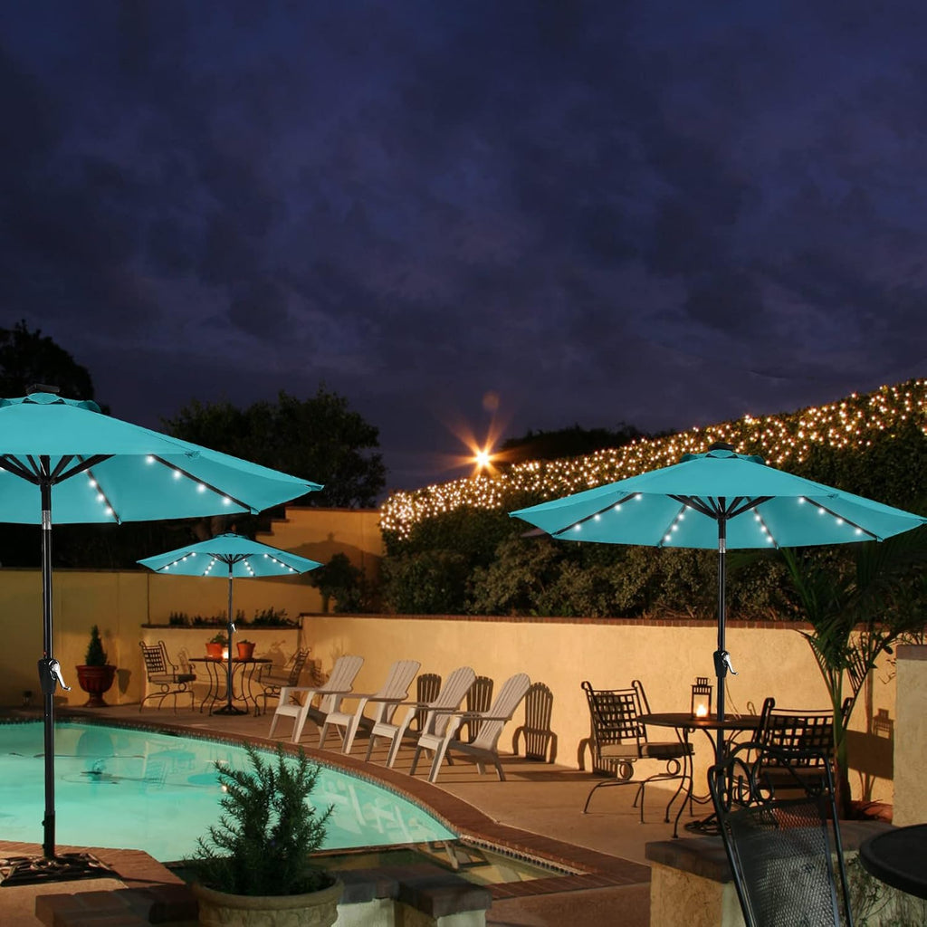 9FT 8Ribs Patio Umbrella with 32 Solar LED Lights, Outdoor Market Umbrella with Tilt & Crank