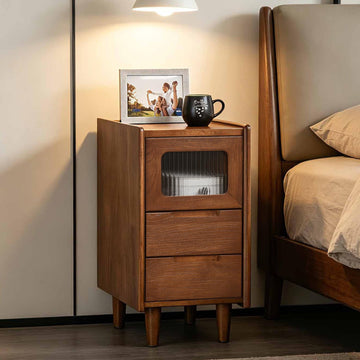 Solid wood Nightstand, Glass Door Storage Cabinet with 2 Drawers Walnut