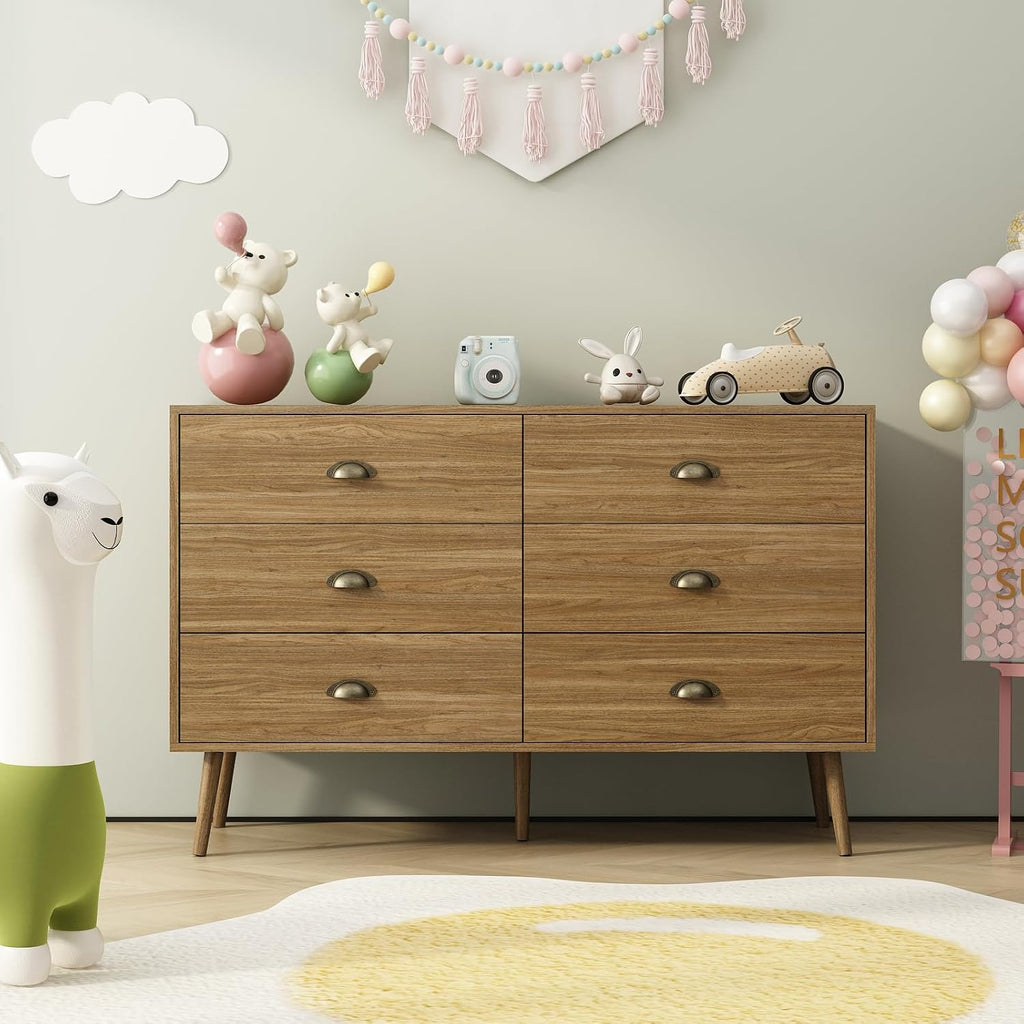 Dresser Wide Mid Century Modern Chest of Drawers,Wooden Bedroom Dresser with 6 Storage Drawers ,Oak