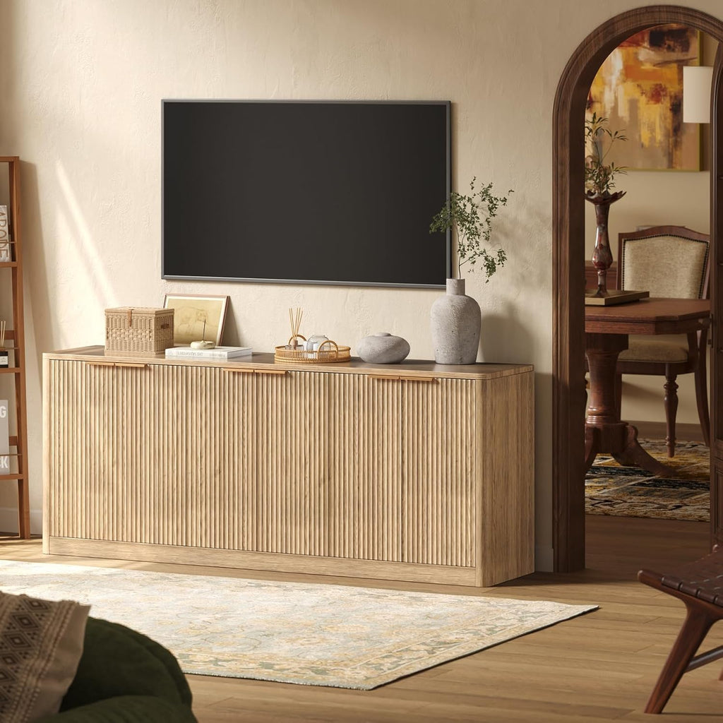 67" Fluted Oak Buffet Cabinet Sideboard with Storage, Large Credenza with 6 Doors