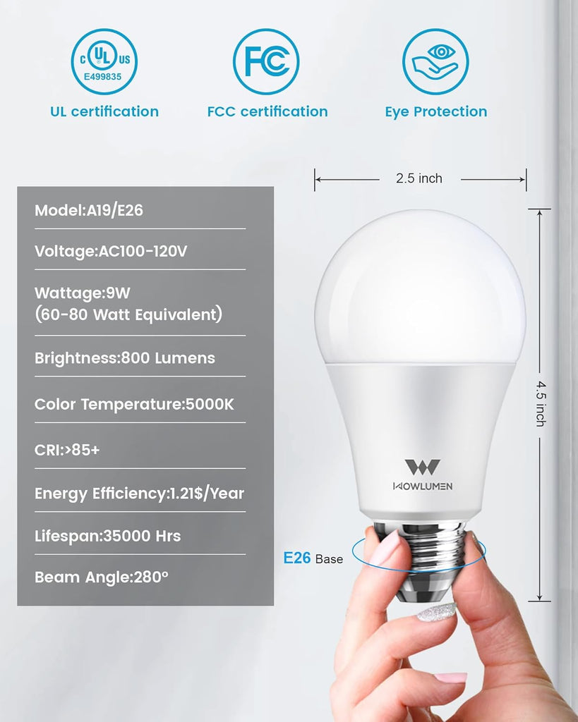 A19 LED Light Bulb, 9W E26 Lighting Bulbs(60 Watt Equivalent),5000K Cool White, 800LM Standard Base for Kitchen