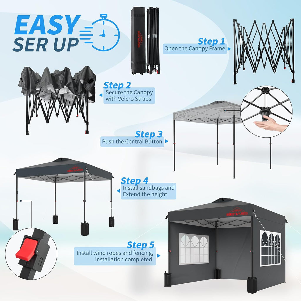 10x10 Pop Up Canopy with Sidewalls, Easy Up Canopy Tent, Heavy Duty Tents for Parties, One Person Set Up Event Tent