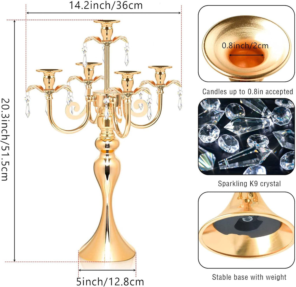2PCS Gold 5-Arm Candelabra Centerpiece - 20.3" Tall Metal Candle Holdervents, Dining Room, Church Decorations