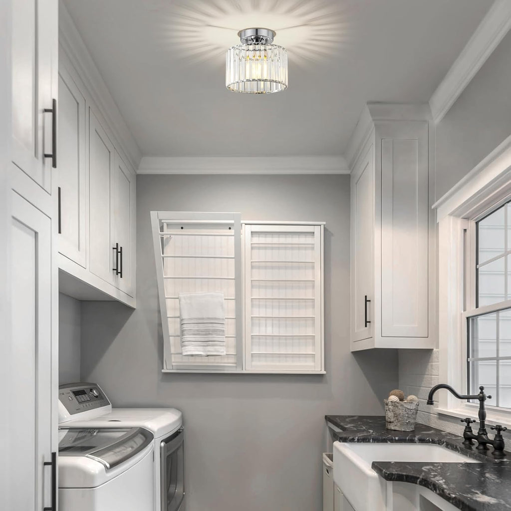 Crystal Chrome Semi Flush Ceiling Light 8.66 Inch | Modern Metal Close To Ceiling Light Fixture Bedroom Kitchen