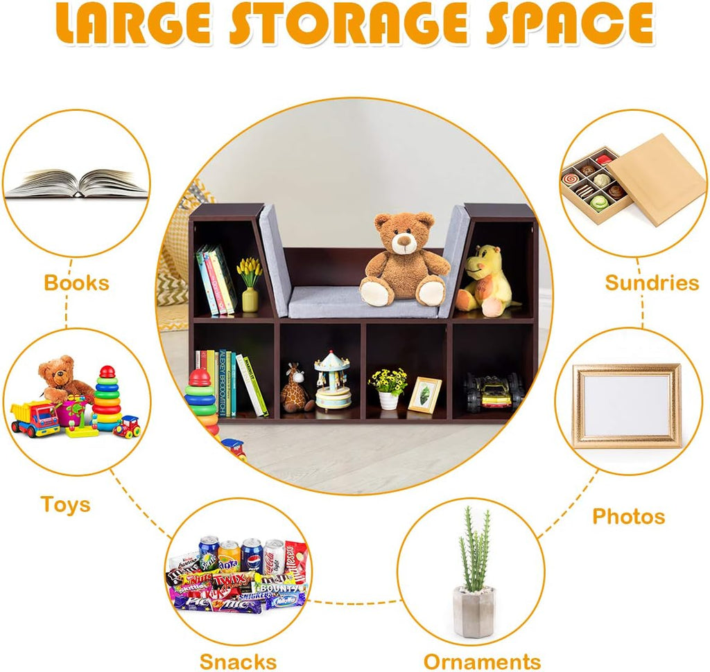Kids Bookshelf with Reading Nook, 6 Cubby Bookcase with Soft Seat Cushion, Wooden Toy Storage Organizer with Bench
