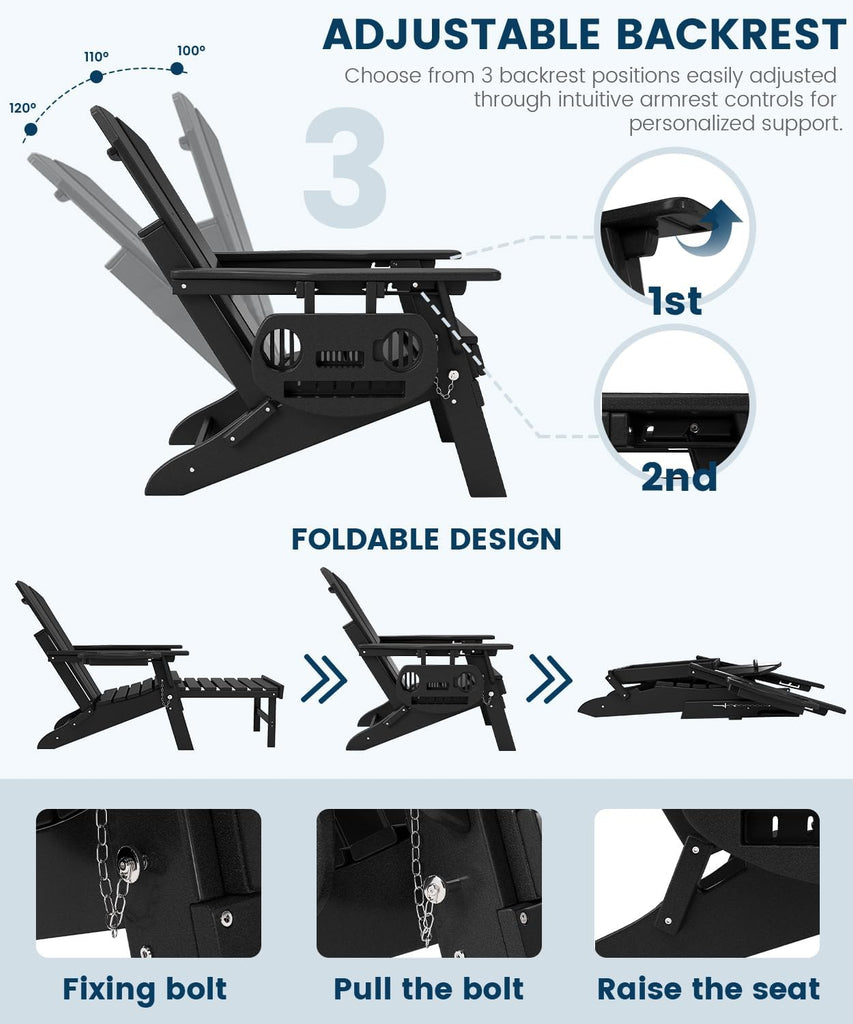 Folding Adjustable Adirondack Chair with Ottoman Set of 2 | HDPE Adirondack Chairs w/4 in 1 Cup Holder