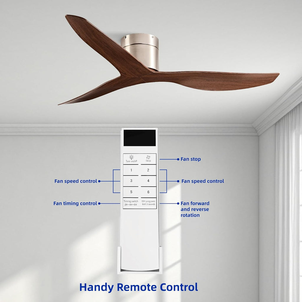52" Low-Profile Modern Ceiling Fan with Remote – Brown & Brushed Nickel, 3-Blade, DC Motor, No Light