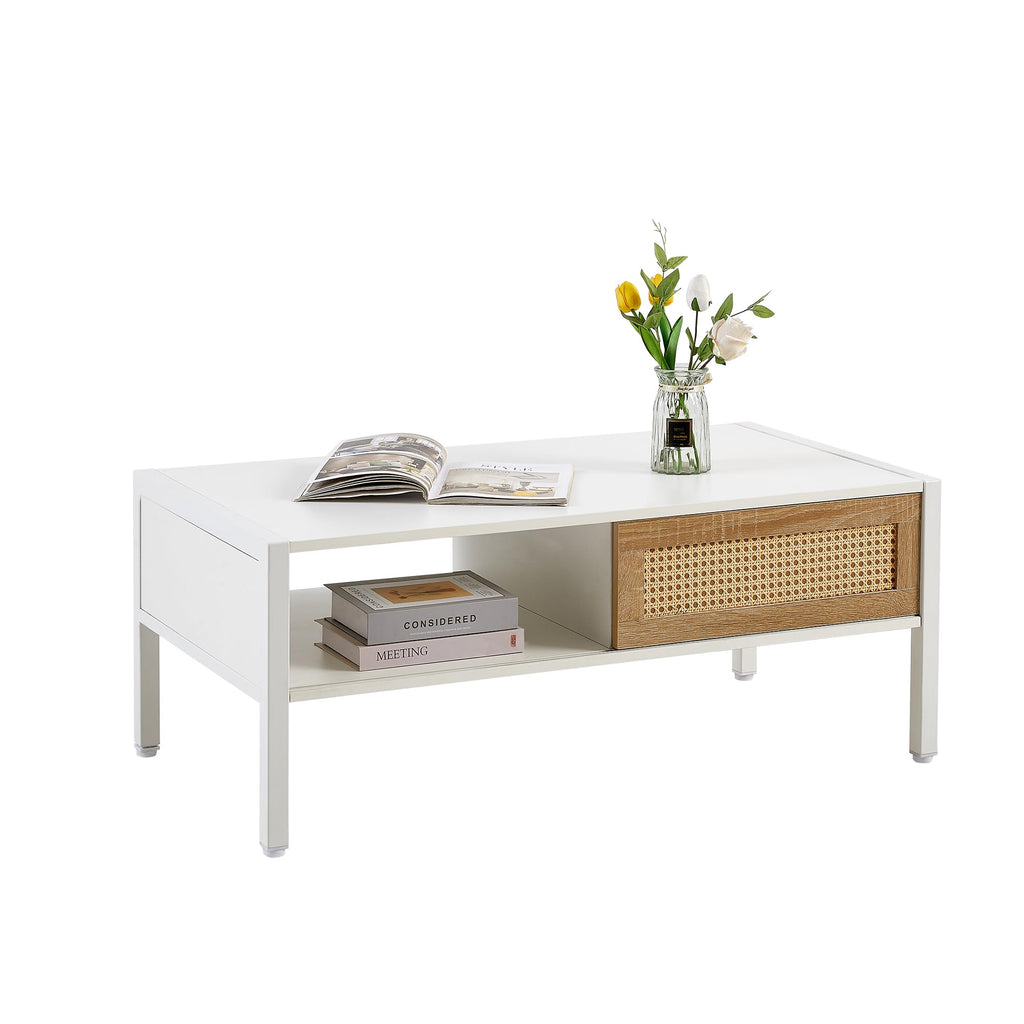 Mid Century Modern Coffee Table with Storage, 40.16 Inch Rectangle Wooden Accent Center Sofa Table with Sliding PE