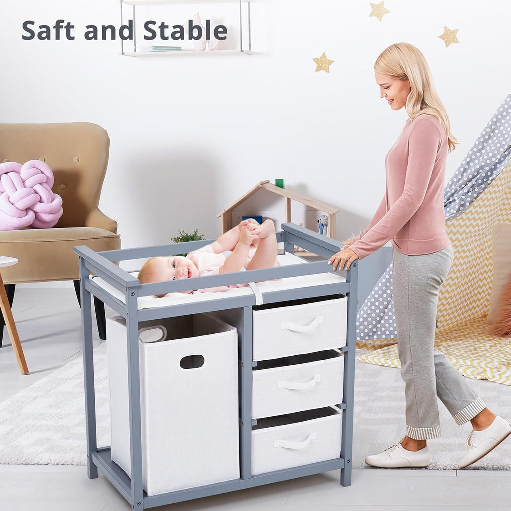 Modern Baby Changing Table with Laundry Hamper & 3 Drawers - Solid Wood Nursery Dresser Supports 40 Lbs, with Safety