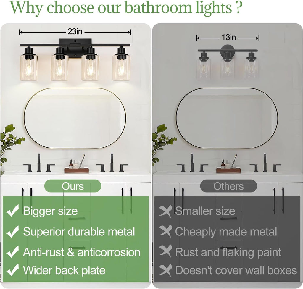 4-Light Bathroom Light Fixtures, Matte Black Modern Vanity Lights with Clear Glass Shades, Bathroom Wall Lamp for