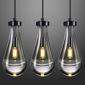 Raindrop Pendant Lights Kitchen Island Teardrop PlatingBlack Hanging Light Fixtures Clear Solid Glass Pendant Light Modern Chandeliers for Dining Room Porch Corridor Living Room(Black 3-Pack)