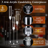 6 Set Wedding 3 Arm Acrylic Candelabra Table Centerpiece 30.7" Clear Tall Floor Candle Holder with Shade Pillar Taper