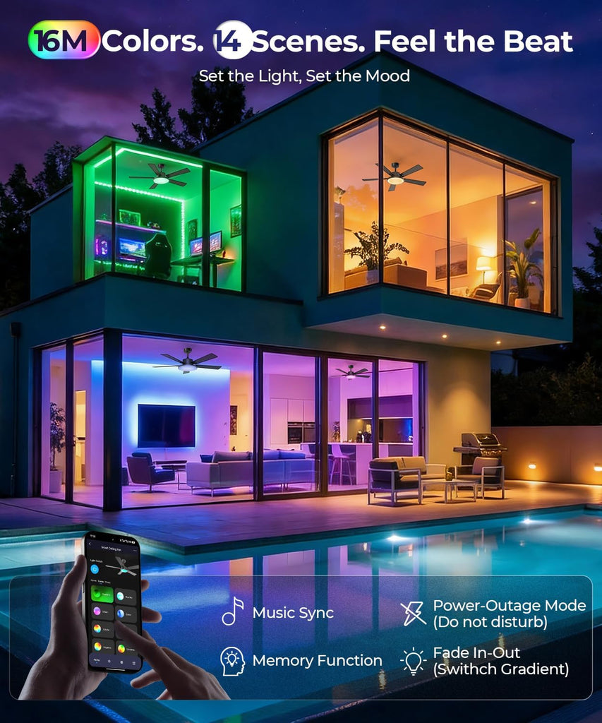 Ceiling Fan with Light,RGBCW Smart 52" Low Profile Ceiling Fan with Light and Remote,Alexa/Google/App Control