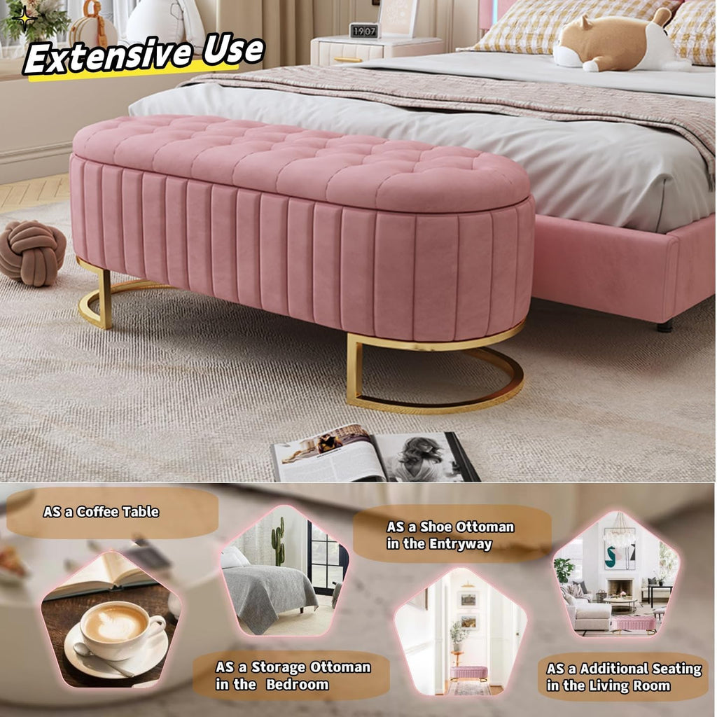 Elegant Upholstered Velvet Storage Ottoman with Button-Tufted, Storage Bench with Metal Legs , Fully Assembled Except