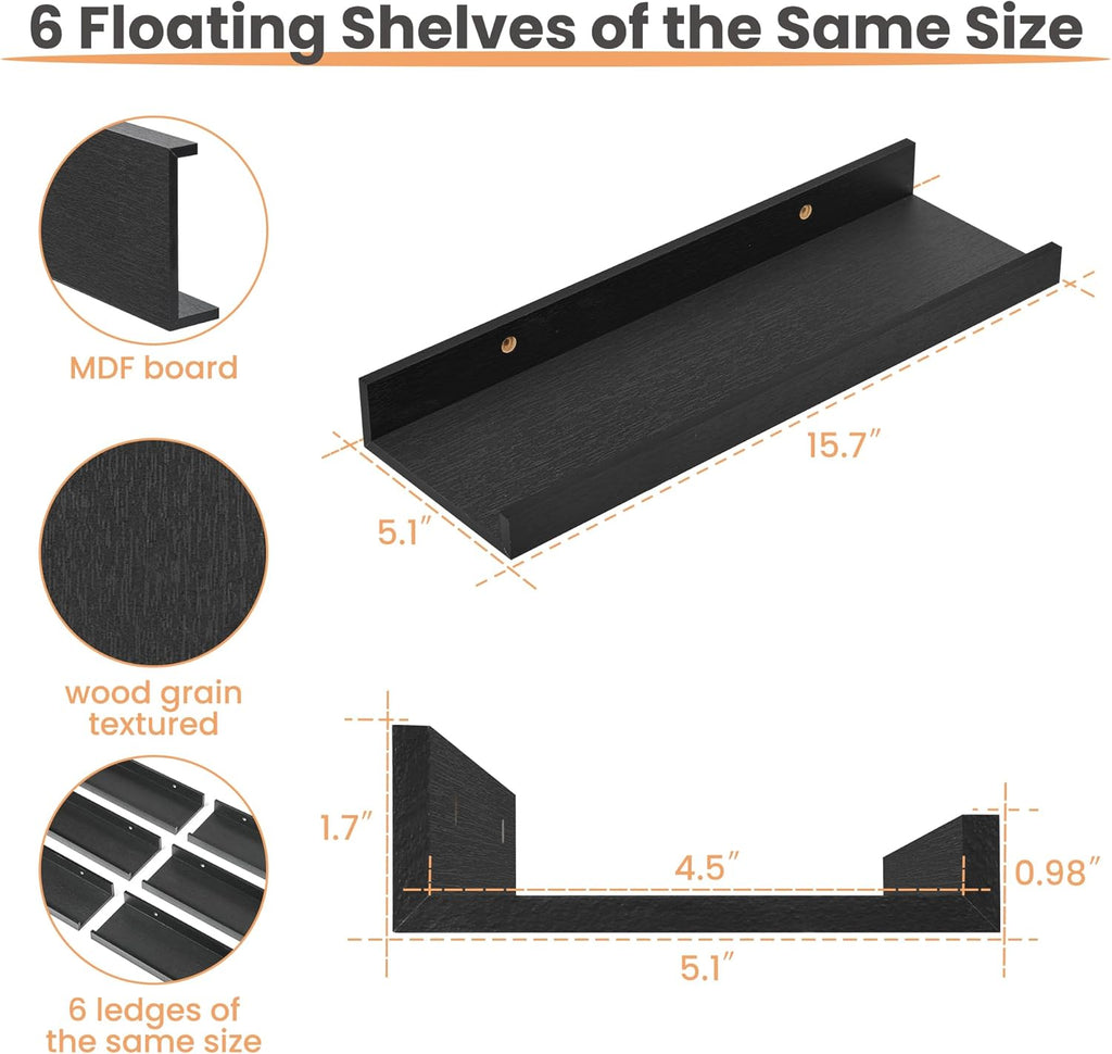 Floating Shelves for Wall Decor and Storage, Black, 6Pcs 15.7'' | Wall Mounted Wood Shelves , Laundry Room Display