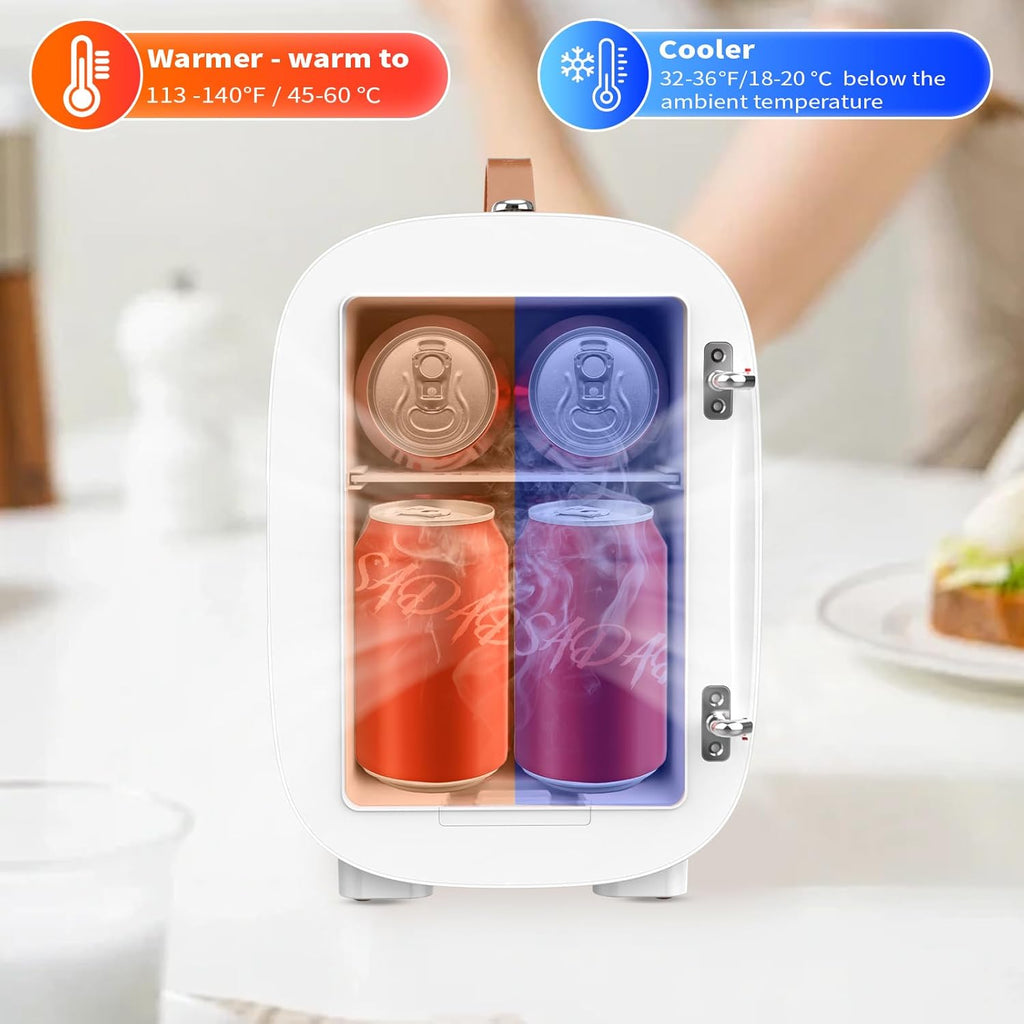 Mini Fridge for Bedroom Mirror Skincare Cooler & Warmer Portable Small Refrigerator 4 Liter/6 can with 12v AC/DC/USB