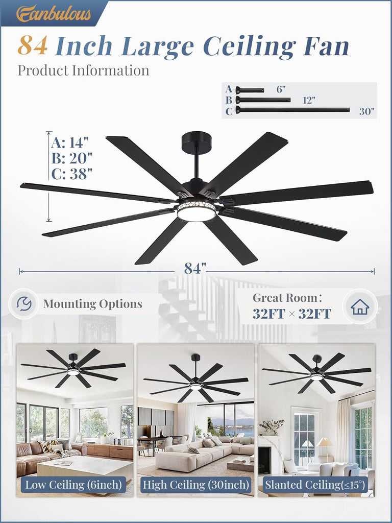 84" Ceiling Fan with LED Light and Remote - Black