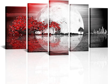 Large 5 Pieces Abstract Landscape Canvas Wall Art Black and White Full Moon Seascape Red Trees Painting Pritned on