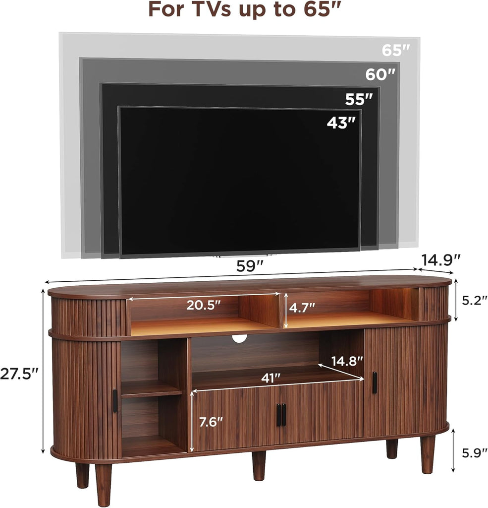 59" Fluted TV Stand with Sliding Doors, Mid Century Modern TV Stands for Tvs up to 65", Entertainment Center with Storage and Adjustable Shelves, Wood Media TV Consoles for Living Room (Walnut)