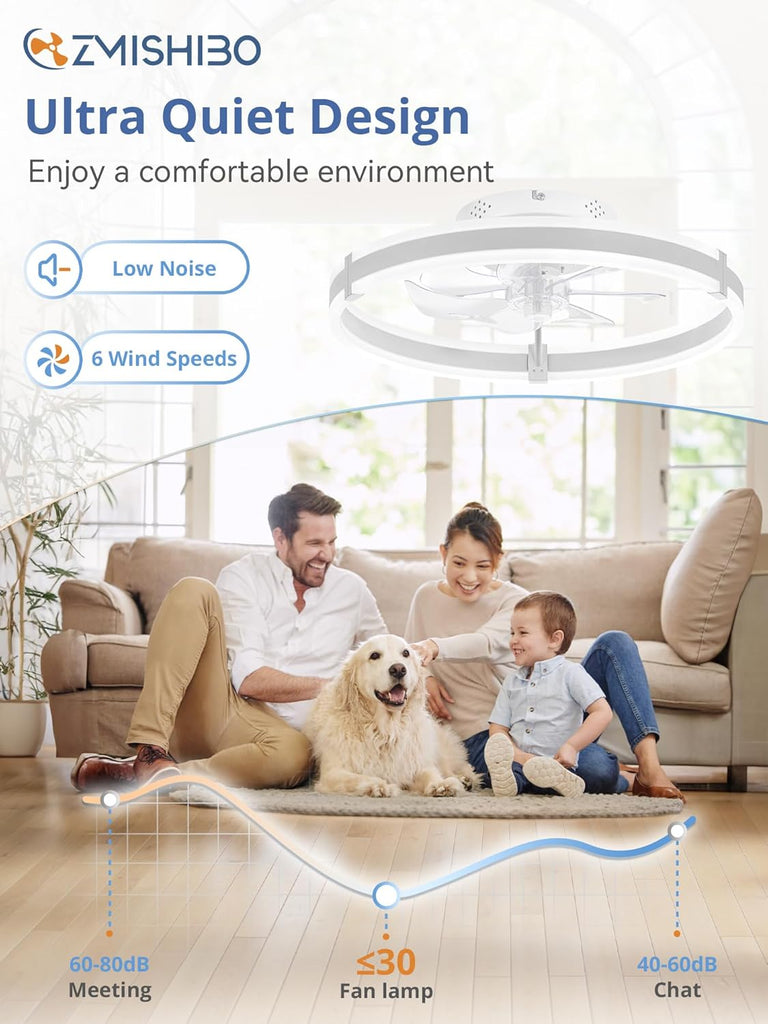 Ceiling Fans with Lights and Remote, 19.7'' Low Profile Ceiling Fan, 3000-6000K Dimmable Modern Flush Mount LED Fan Light, 6 Wind Speeds, White Fandelier Ceiling Fans for Bedroom