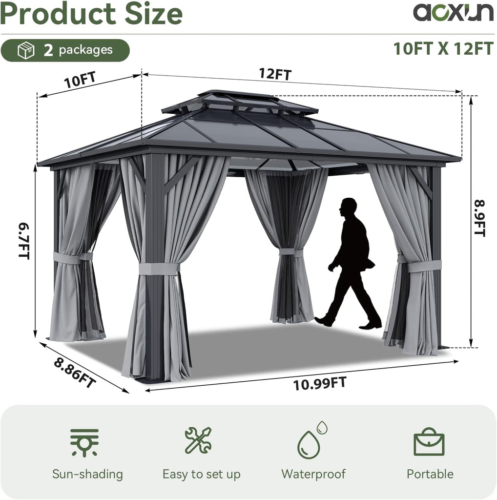 10'x12' Hardtop Gazebo, Metal Frame Permanent Pavilion with Curtains and Netting
