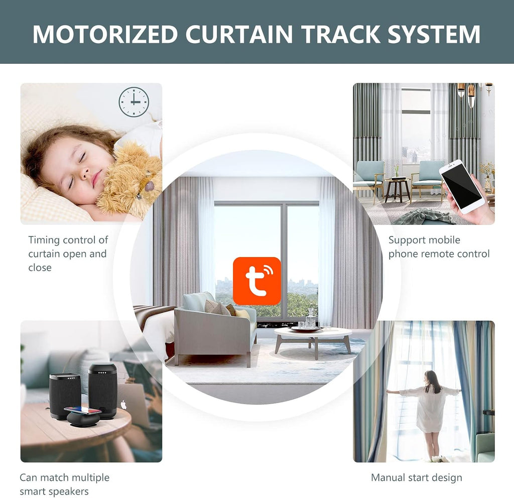 Smart Curtain Tracks WiFi Control by Phone, Support Voice Control for Alexa, Google Home, Tuya App Remote Automated