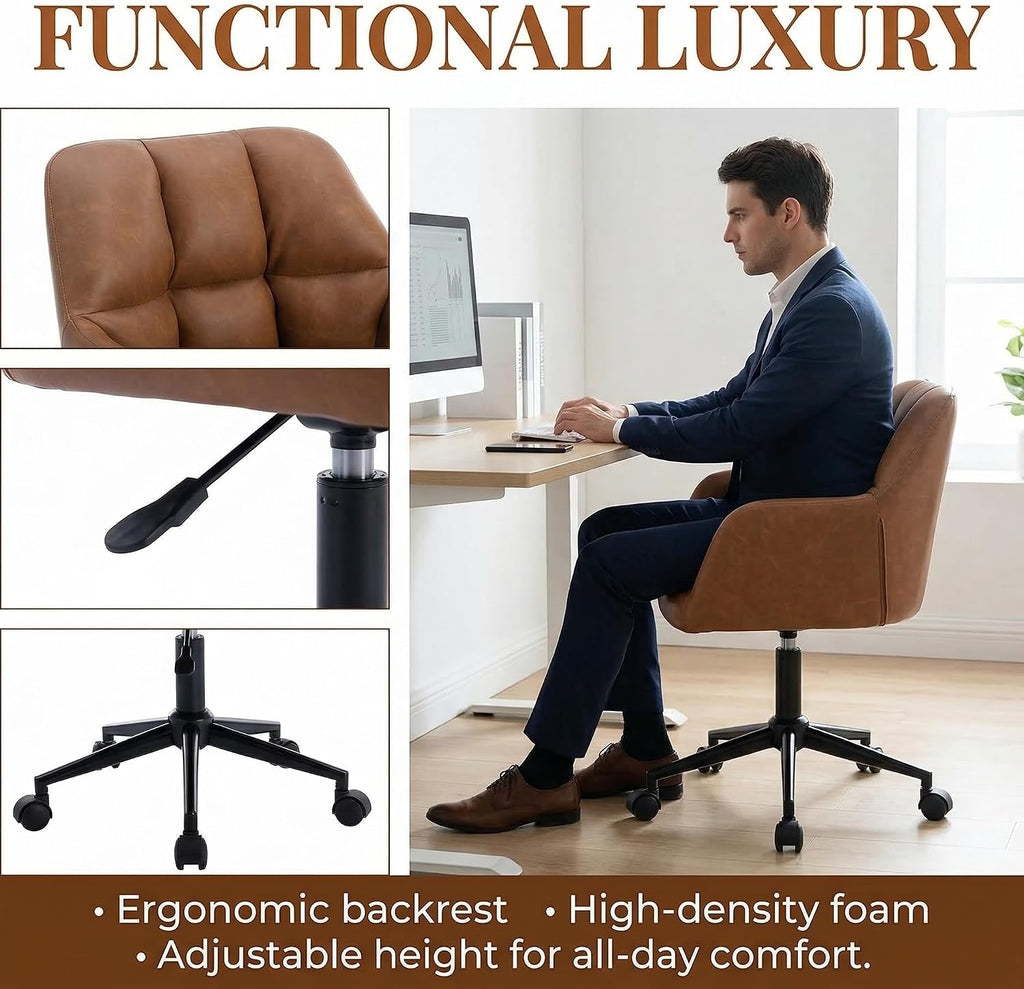 Brown Home Office Desk Chair with Wheels Faux Leather Swivel Desk Chair Upholstered Adjustable Task Armchair for Teens Bedroom Livingroom with Comfy Square Tufted Mid-Back