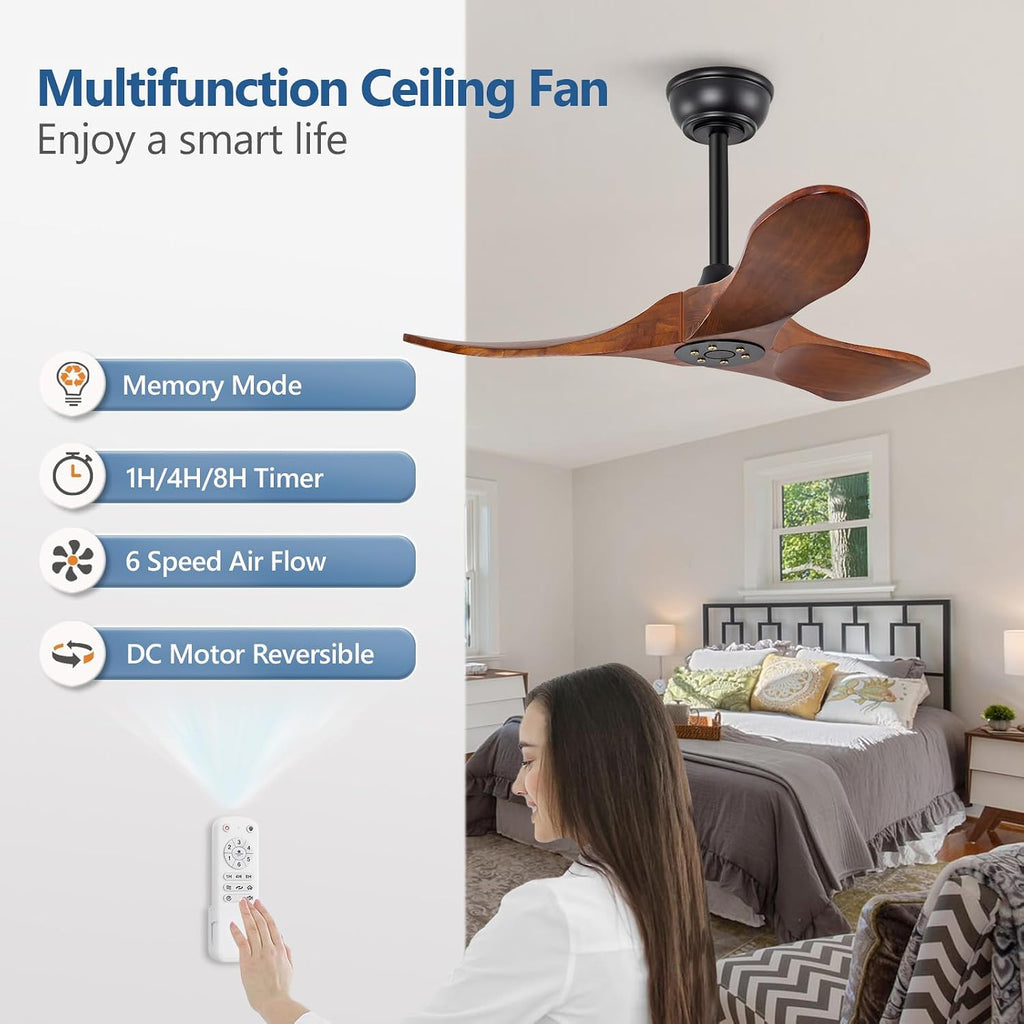 Inspired Maverick Style 36 Inch Solid Wood Ceiling Fan with Remote,Ceiling Fan no Light,6 Speeds,Noiseless,Reversible DC Motor,Modern Ceiling Fans without Lights for Living Room Bedroom Farmhouse,Patios
