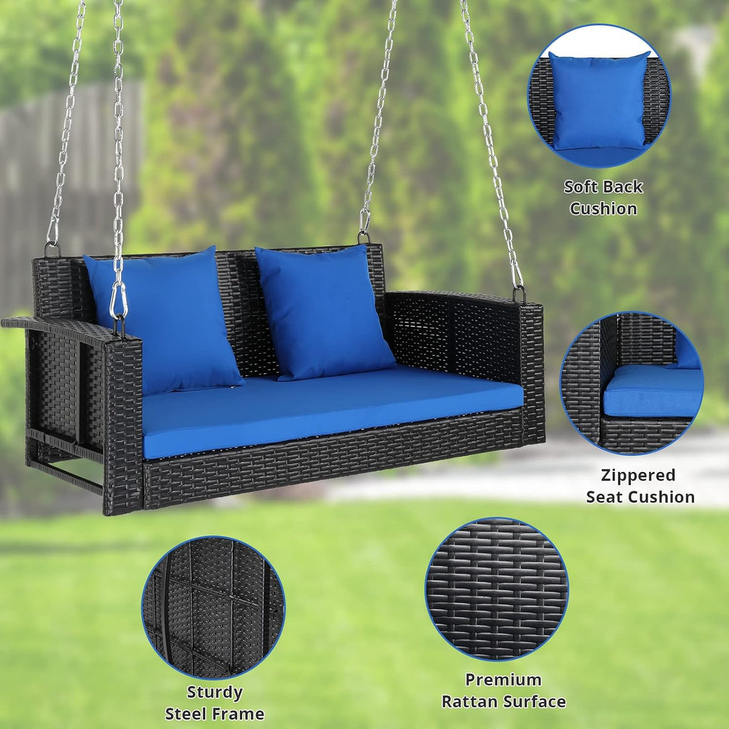 4FT Wicker Porch Swing for 2 Person, 800lb Capacity Outdoor Hanging Bench with Removable Cushions, Handwoven