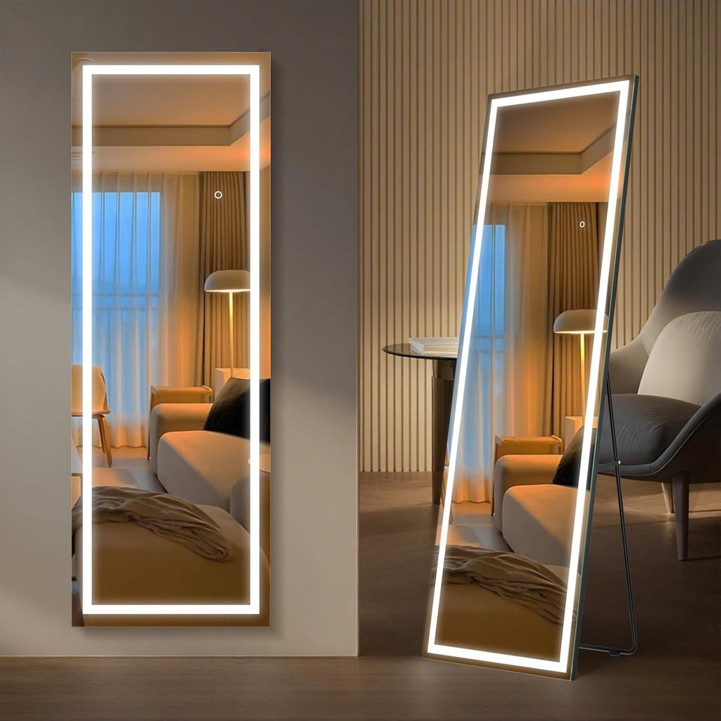 64" x 21" Full Length LED Floor Mirror - Big Wall/Standing Mirror with Lights, Dimmable Touch Screen & Adjustable